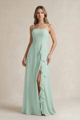 Sage Spaghetti Strap Ruffled A-Line Chiffon Bridesmaid Dress | KISSBRIDAL