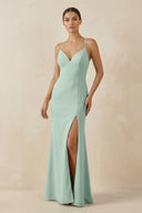 Sage Spaghetti Strap Sheath Chiffon Bridesmaid Dress With Slit | KISSBRIDAL