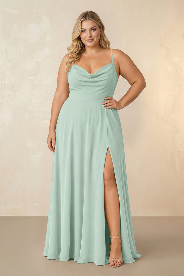 Sage Spaghetti Straps Chiffon A-Line Bridesmaid Dress [sizeplus] | KISSBRIDAL