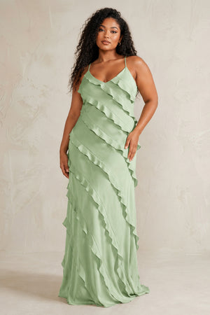Sage Spaghetti Straps Sheath Stain Ruffled Bridesmaid Dress (2) | KISSBRIDAL[sizeplus]