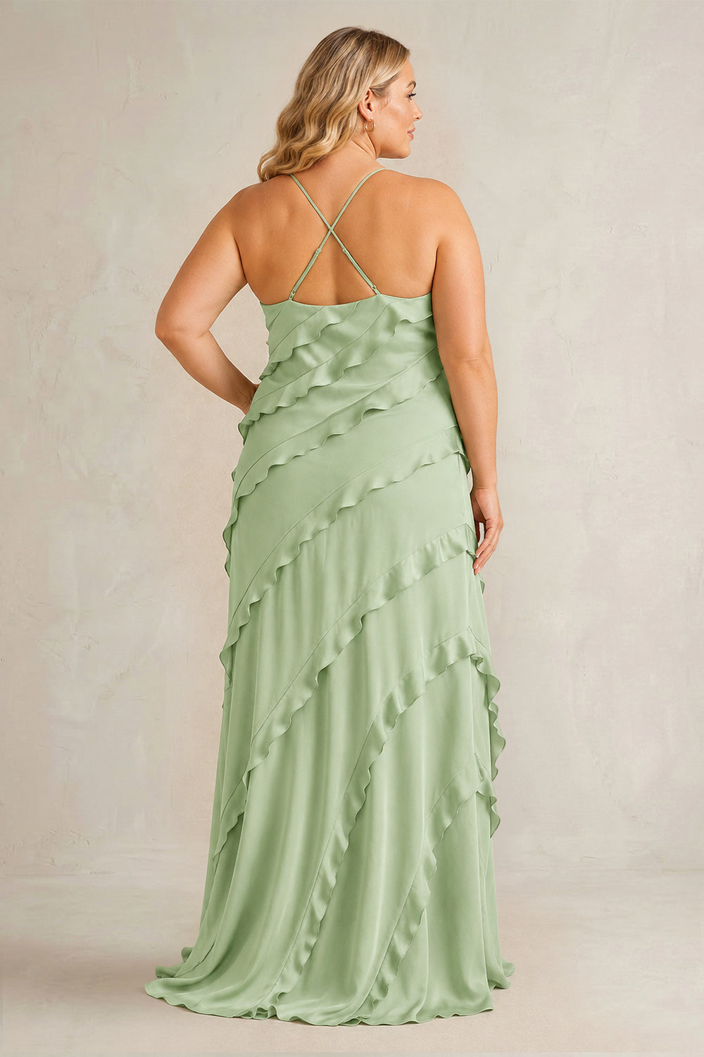 Spaghetti Straps Sheath Stain Ruffled Bridesmaid Dress in Sage