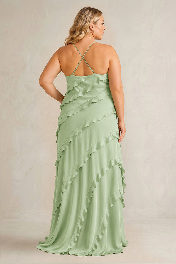 Sage Spaghetti Straps Sheath Stain Ruffled Bridesmaid Dress (3) | KISSBRIDAL[sizeplus]