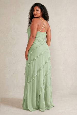 Sage Spaghetti Straps Sheath Stain Ruffled Bridesmaid Dress (4) | KISSBRIDAL[sizeplus]