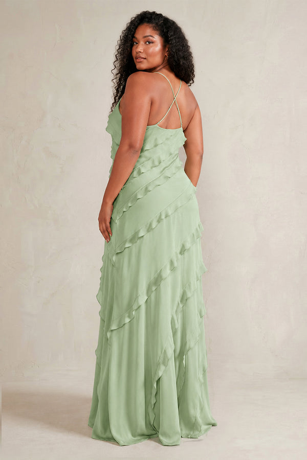 Sage Spaghetti Straps Sheath Stain Ruffled Bridesmaid Dress (4) | KISSBRIDAL[sizeplus]