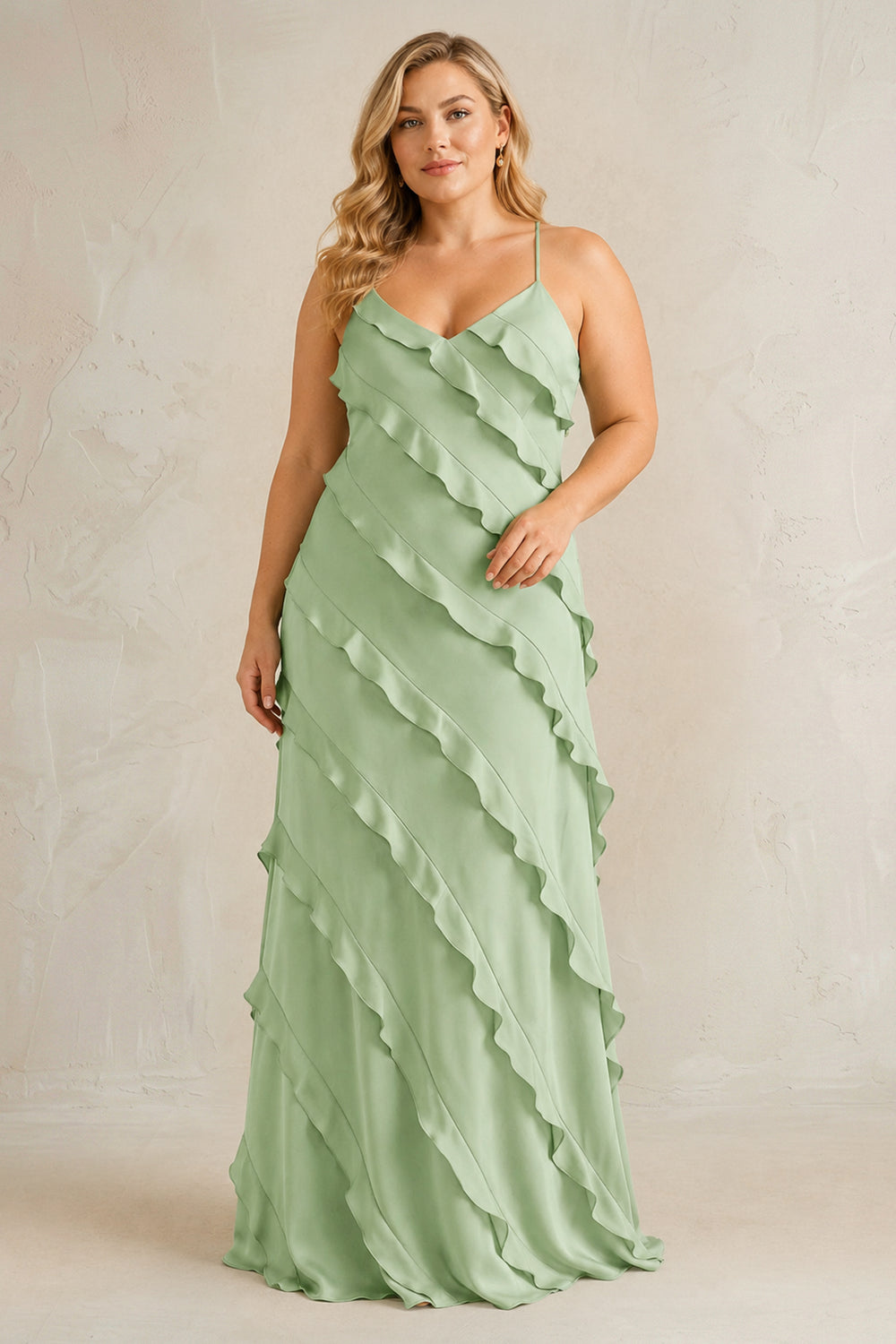 Spaghetti Straps Sheath Stain Ruffled Bridesmaid Dress in Sage