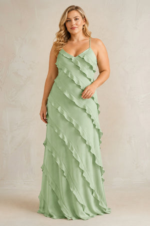Sage Spaghetti Straps Sheath Stain Ruffled Bridesmaid Dress | KISSBRIDAL[sizeplus]