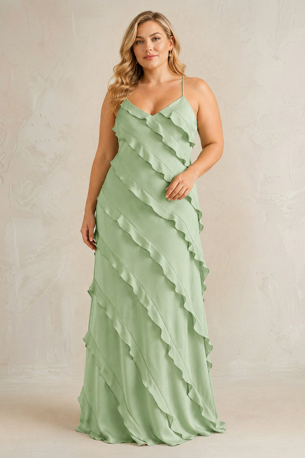 Sage Spaghetti Straps Sheath Stain Ruffled Bridesmaid Dress | KISSBRIDAL[sizeplus]