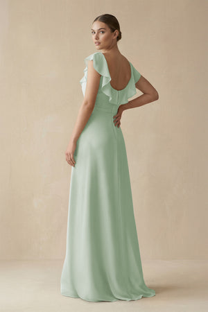Sage Square Neck A-Line Bridesmaid Dress with Ruffles (2) | KISSBRIDAL