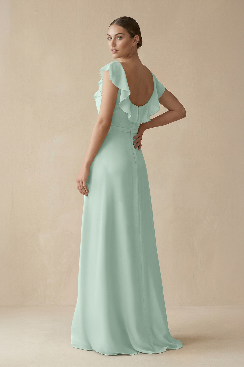 Square Neck A-Line Bridesmaid Dress with Ruffles in Sage