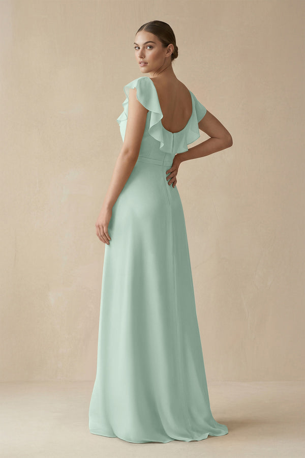Sage Square Neck A-Line Bridesmaid Dress with Ruffles (2) | KISSBRIDAL