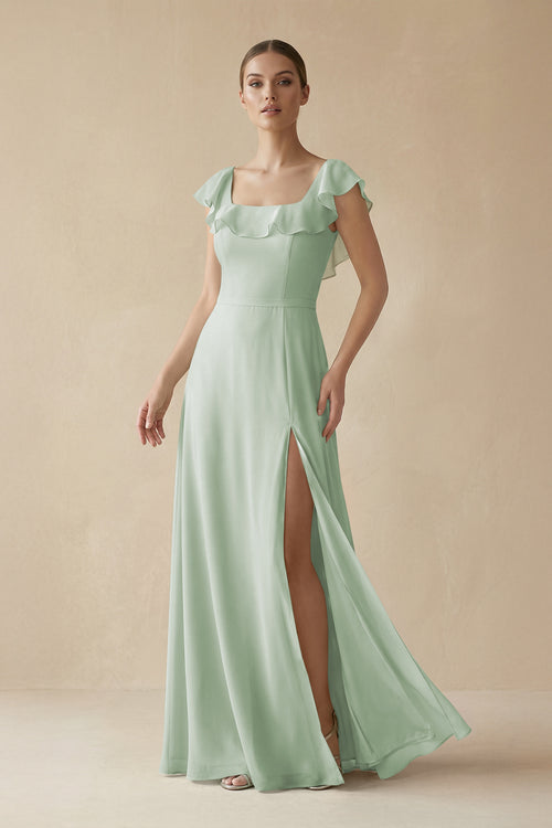 Sage Square Neck A-Line Bridesmaid Dress with Ruffles | KISSBRIDAL