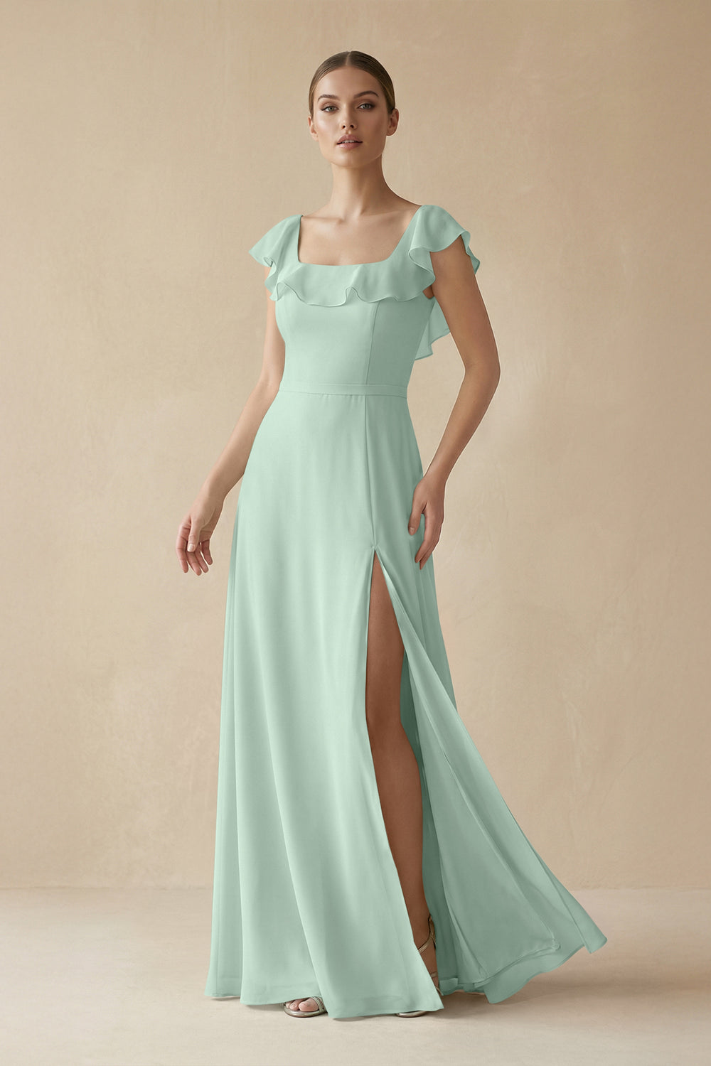 Square Neck A-Line Bridesmaid Dress with Ruffles in Sage