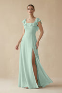 Sage Square Neck A-Line Bridesmaid Dress with Ruffles | KISSBRIDAL