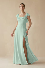 Sage Square Neck A-Line Bridesmaid Dress with Ruffles | KISSBRIDAL