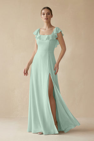 Sage Square Neck A-Line Bridesmaid Dress with Ruffles | KISSBRIDAL