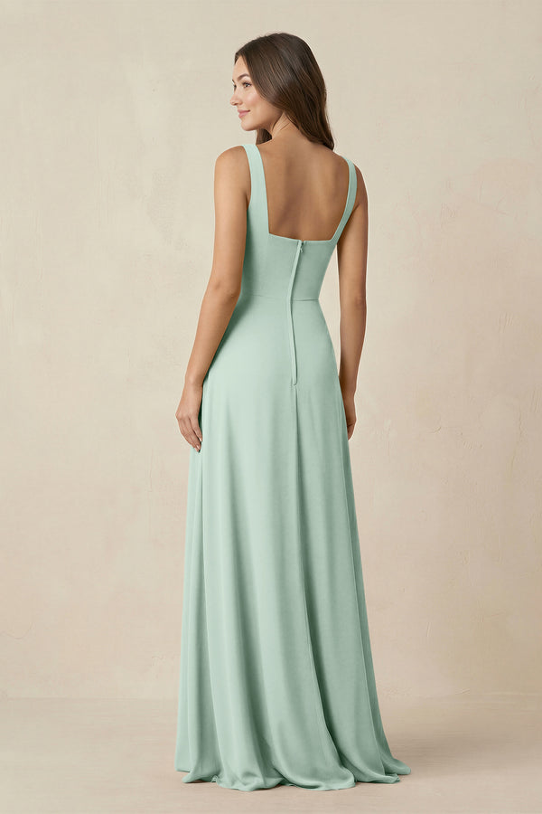 Sage Square Neck A-Line Bridesmaid Dress With Slit (2) | KISSBRIDAL