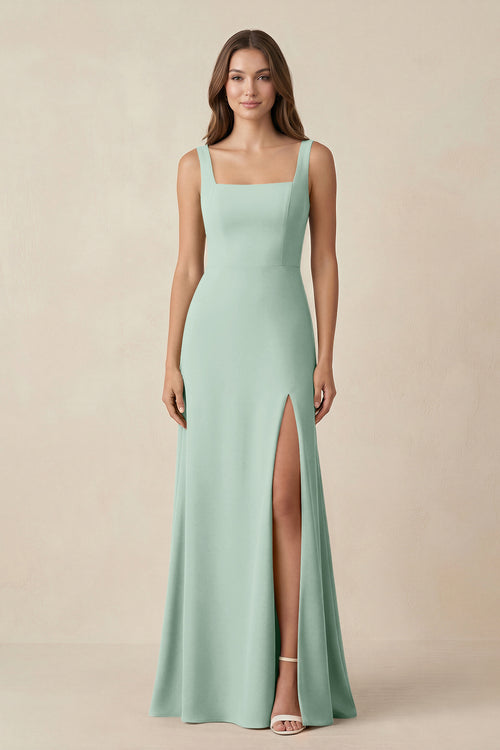 Sage Square Neck A-Line Bridesmaid Dress With Slit | KISSBRIDAL