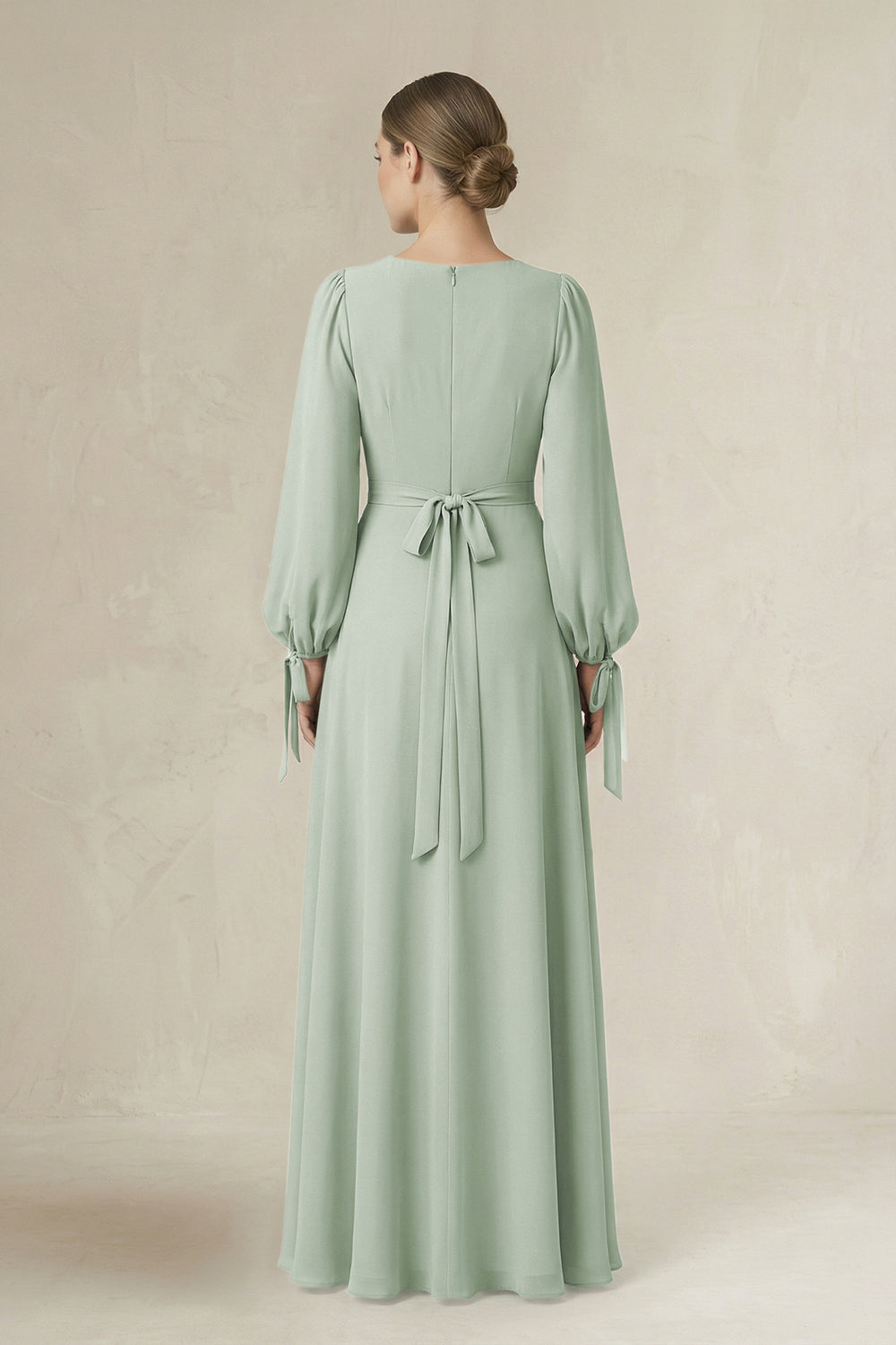 Square Neck Long Sleeve A-Line Chiffon Bridesmaid Dress in Sage