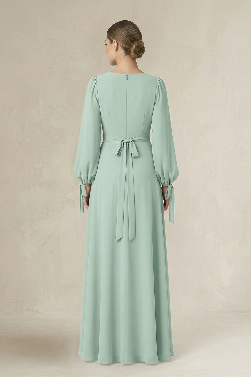 Square Neck Long Sleeve A-Line Chiffon Bridesmaid Dress in Sage