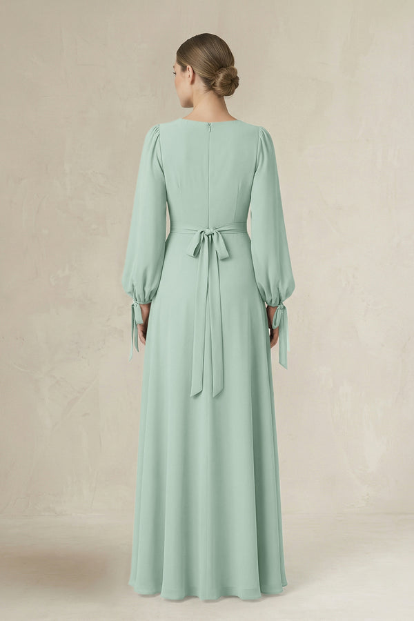 Sage Square Neck Long Sleeve A-Line Chiffon Bridesmaid Dress in Sage (2) | KISSBRIDAL