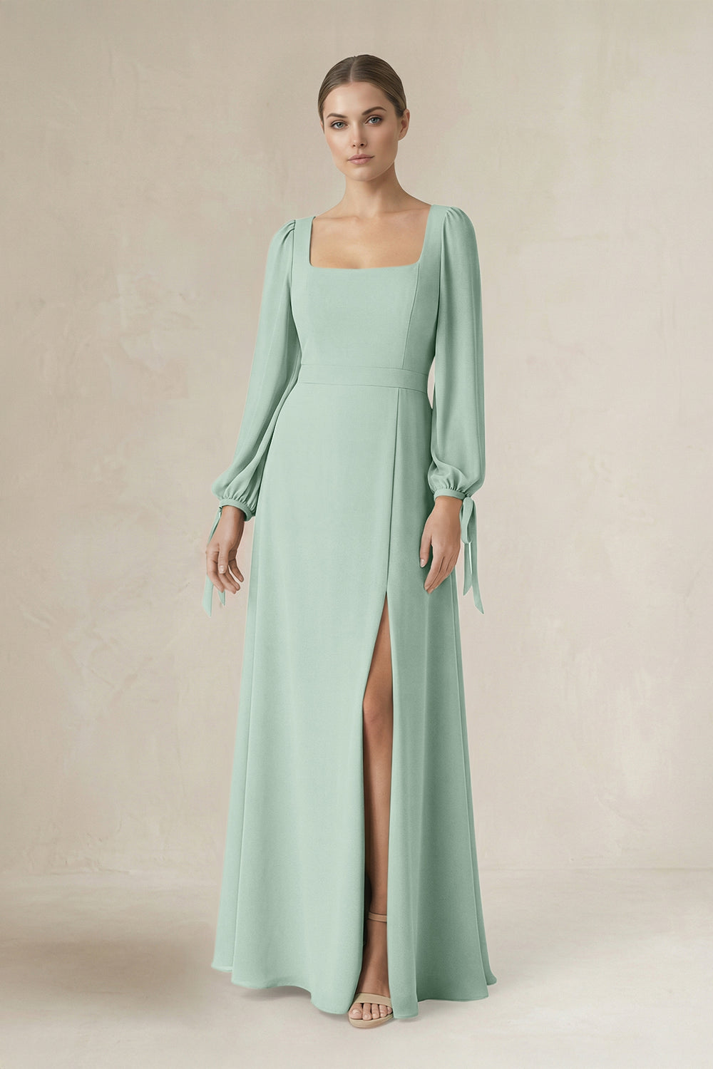 Square Neck Long Sleeve A-Line Chiffon Bridesmaid Dress in Sage