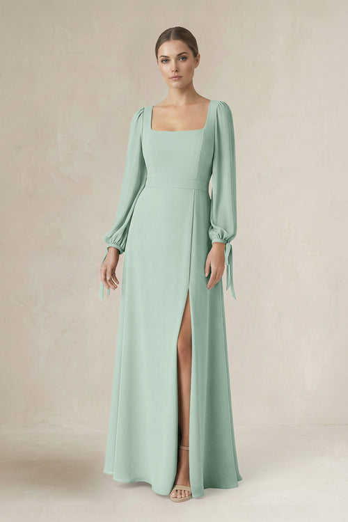 Sage Square Neck Long Sleeve A-Line Chiffon Bridesmaid Dress in Sage | KISSBRIDAL