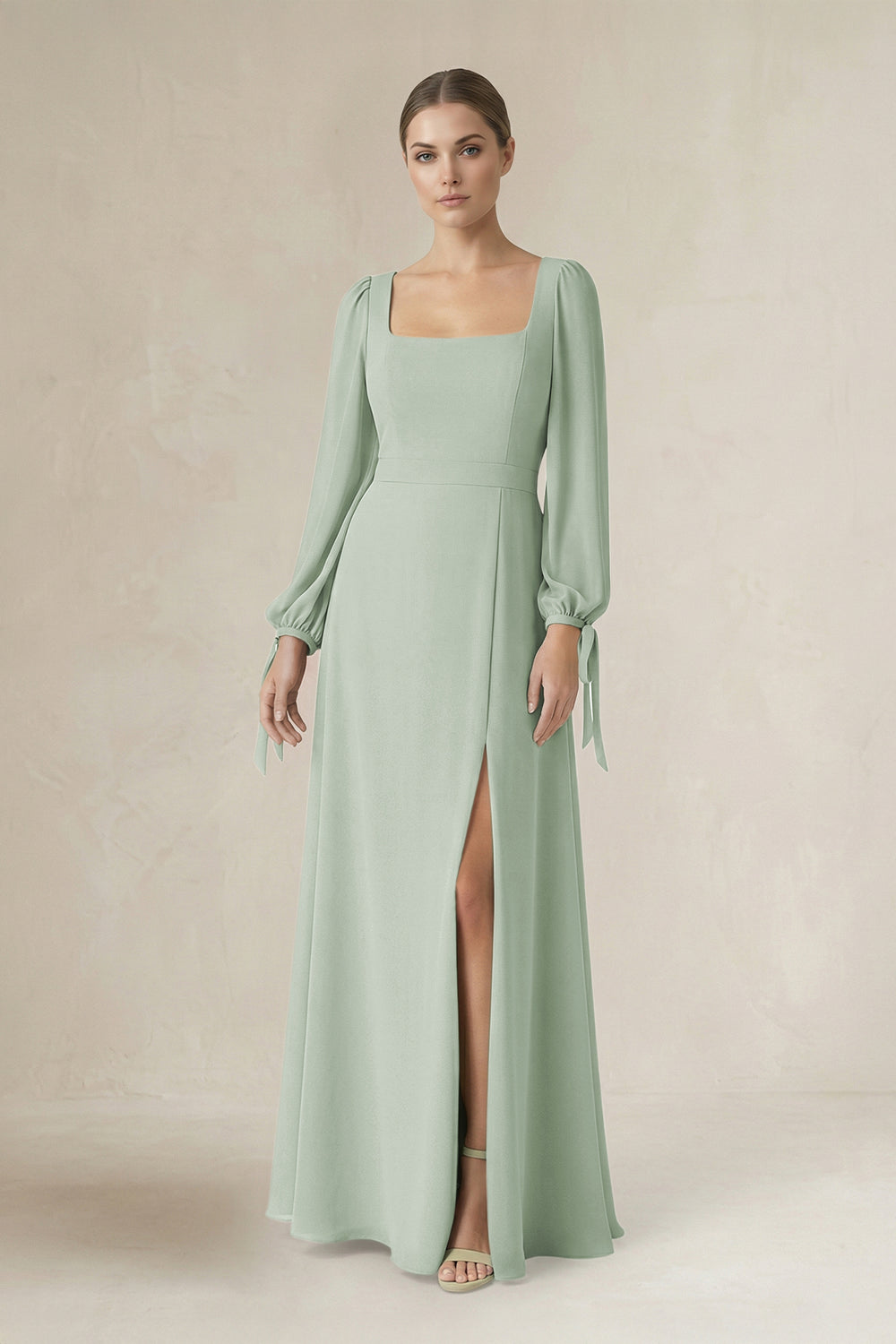 Square Neck Long Sleeve A-Line Chiffon Bridesmaid Dress in Sage