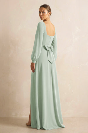 Sage Square Neck Long Sleeves Chiffon Sheath Bridesmaid Dress (2) | KISSBRIDAL