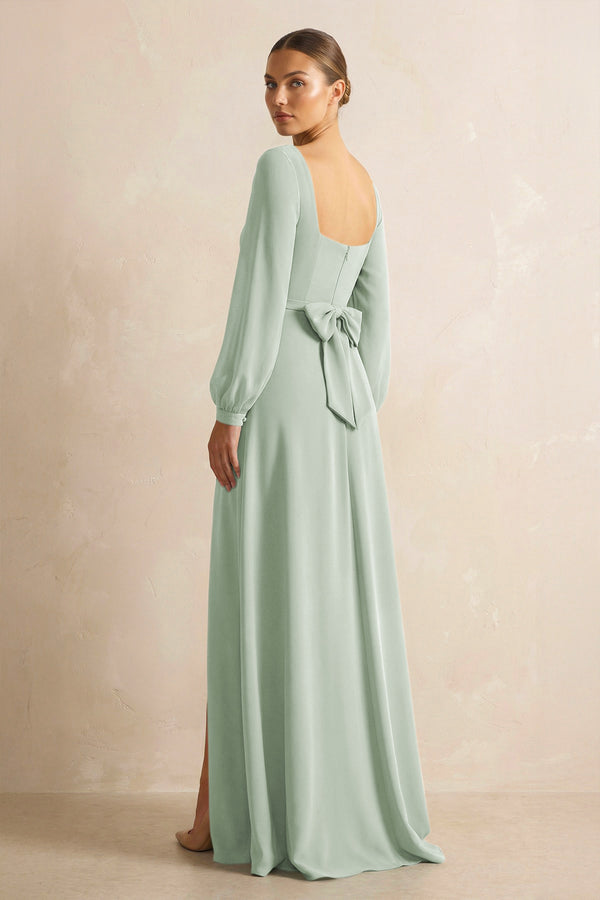Sage Square Neck Long Sleeves Chiffon Sheath Bridesmaid Dress (2) | KISSBRIDAL
