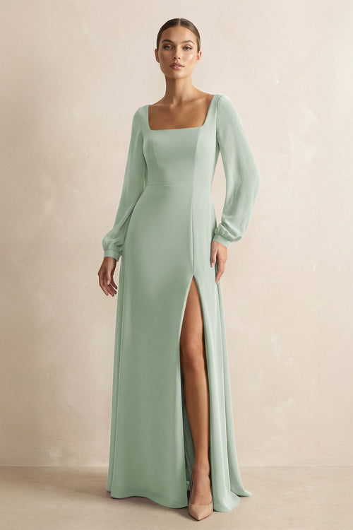 Sage Square Neck Long Sleeves Chiffon Sheath Bridesmaid Dress | KISSBRIDAL