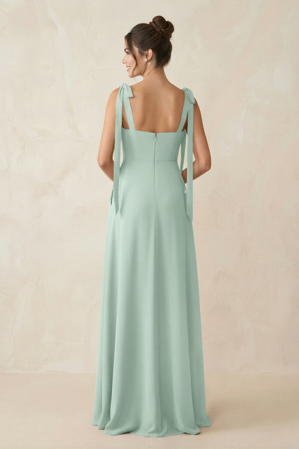 Sage Square Neck Sheath Chiffon Bridesmaid Dress with Bow (2) | KISSBRIDAL