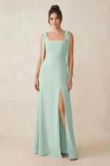 Sage Square Neck Sheath Chiffon Bridesmaid Dress with Bow | KISSBRIDAL