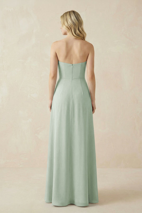 Sage Strapless A-Line Chiffon Bridesmaid Dress With Slit (2) | KISSBRIDAL