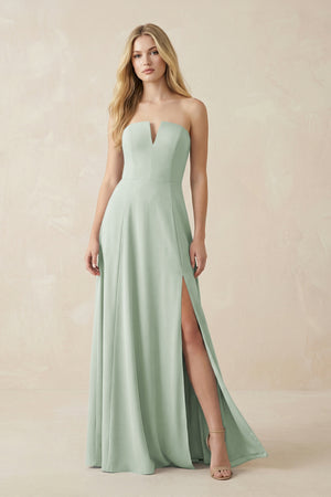 Sage Strapless A-Line Chiffon Bridesmaid Dress With Slit | KISSBRIDAL