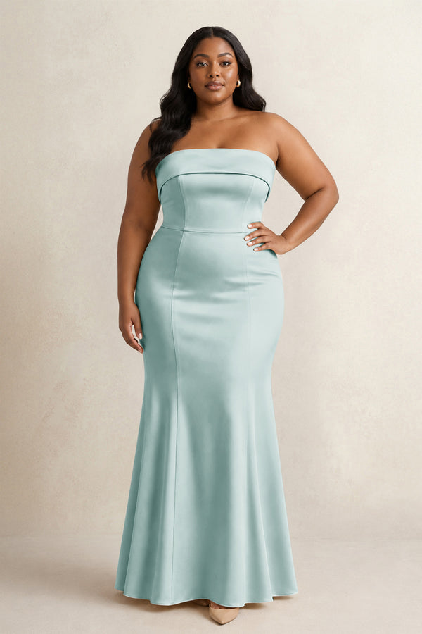 Sage Strapless Satin Mermaid Bridesmaid Dress (3) [sizeplus] | KISSBRIDAL