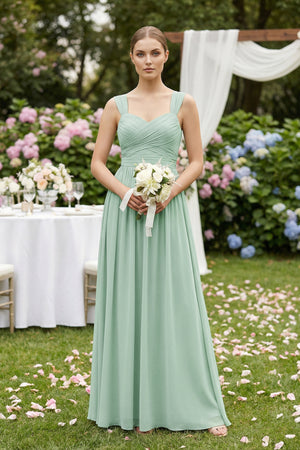 Sage Sweetheart Pleated Chiffon A-Line Bridesmaid Dress (4) | KISSBRIDAL
