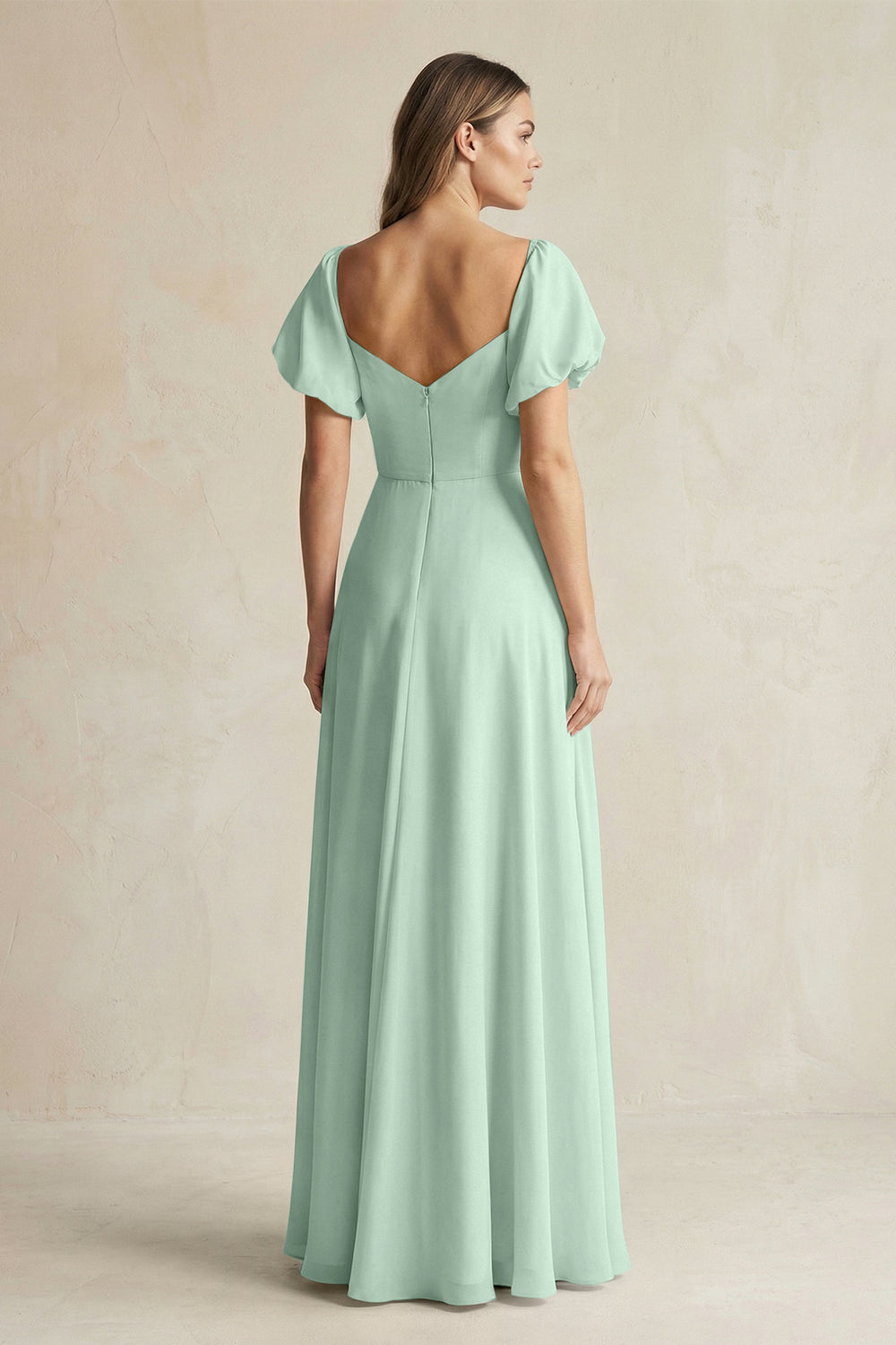Sweetheart Puff Sleeve A-Line Chiffon Bridesmaid Dress in Sage