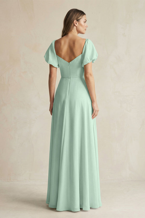 Sage Sweetheart Puff Sleeve A-Line Chiffon Bridesmaid Dress (2) | KISSBRIDAL
