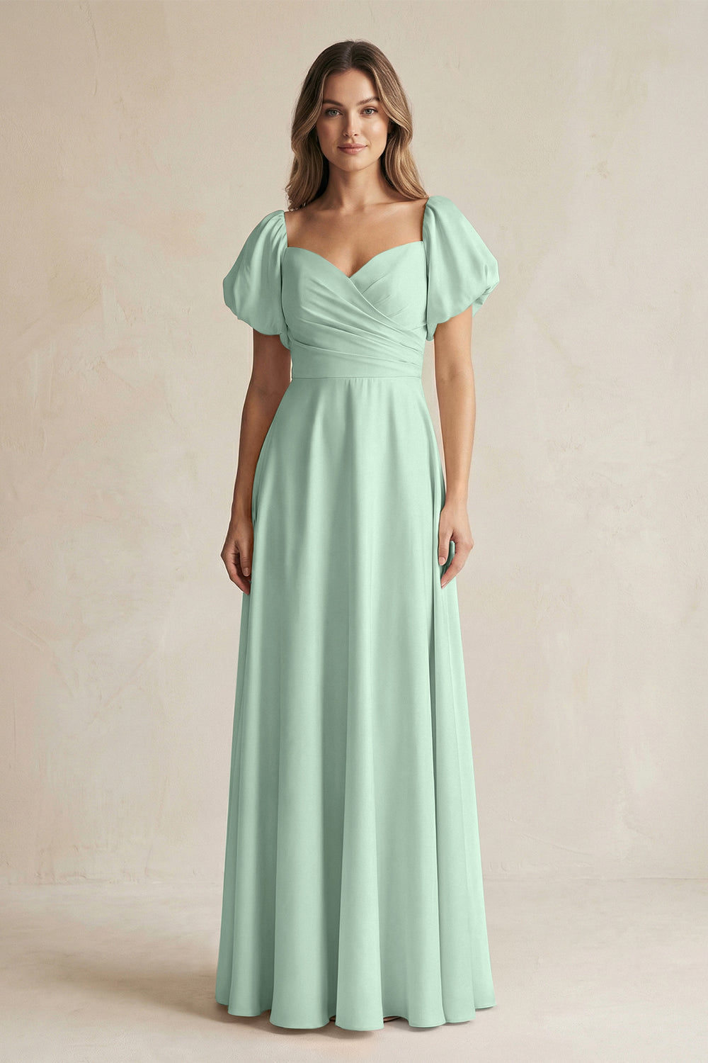 Sweetheart Puff Sleeve A-Line Chiffon Bridesmaid Dress in Sage