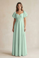 Sage Sweetheart Puff Sleeve A-Line Chiffon Bridesmaid Dress | KISSBRIDAL