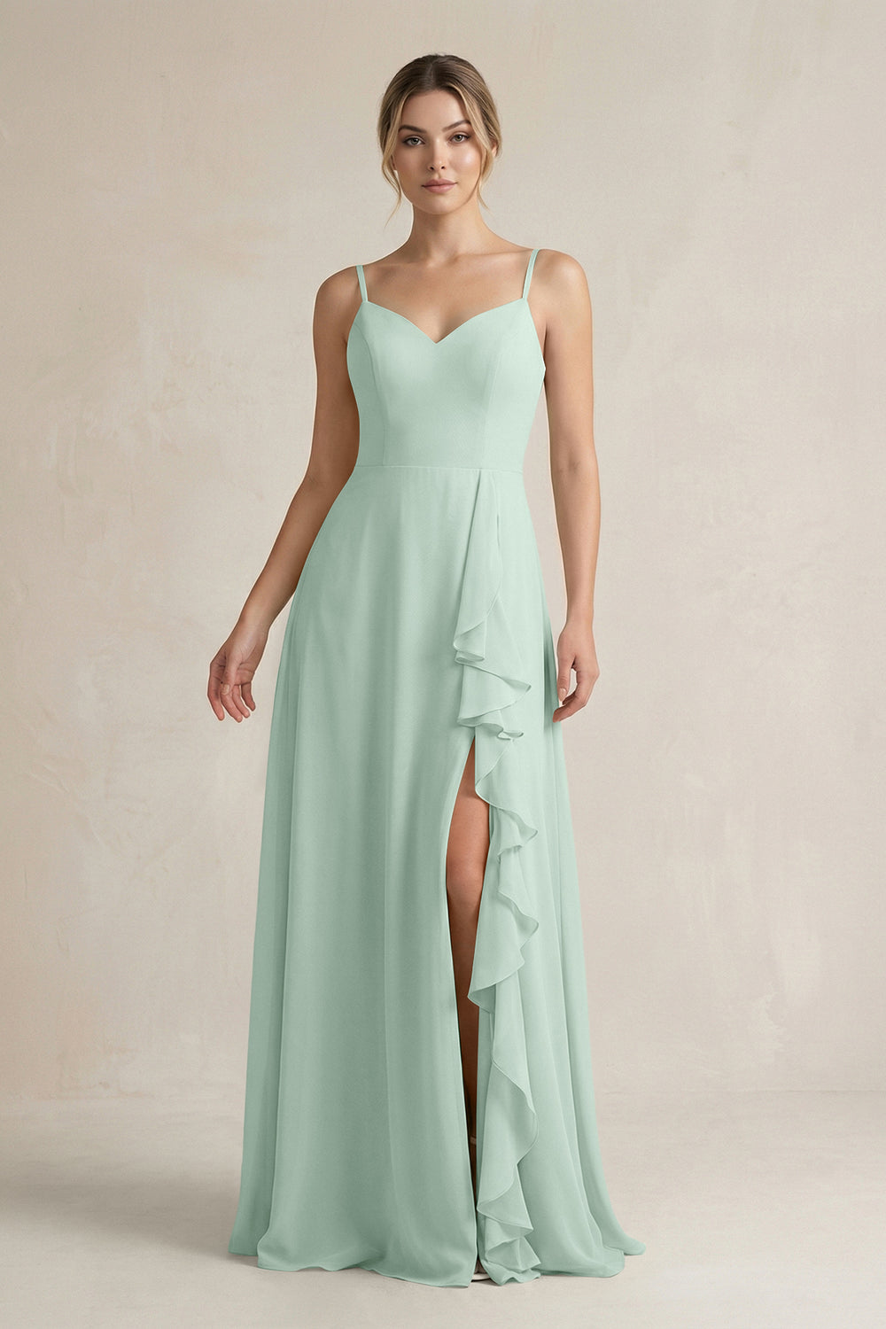 Sweetheart Ruffled A-Line Chiffon Bridesmaid Dress with Slit in Sage