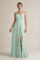 Sage Sweetheart Ruffled A-Line Chiffon Bridesmaid Dress with Slit | KISSBRIDAL