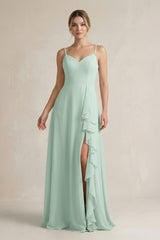 Sage Sweetheart Ruffled A-Line Chiffon Bridesmaid Dress with Slit | KISSBRIDAL