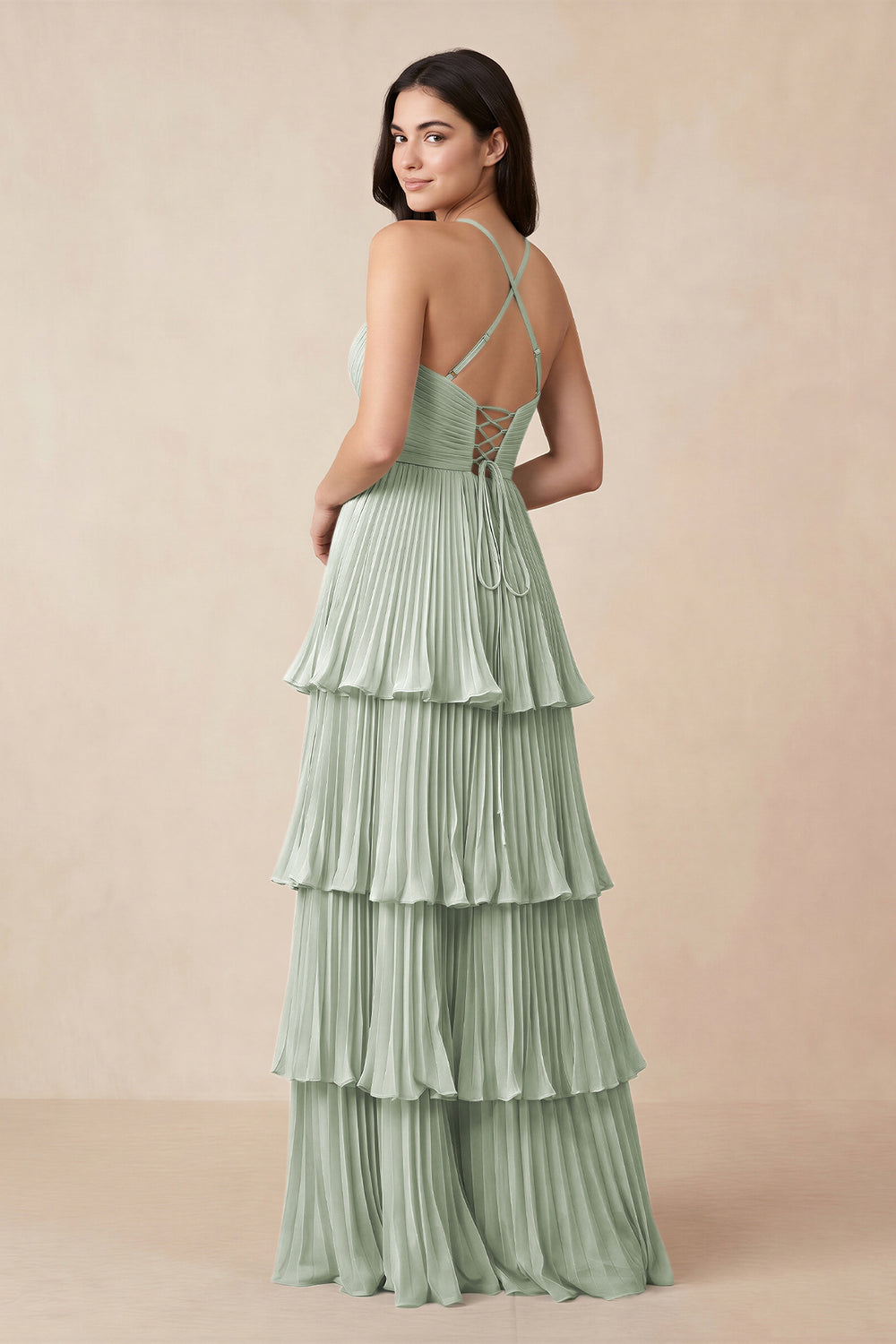 Tiered Pleated V-Neck A-Line Chiffon Bridesmaid Dress in Sage