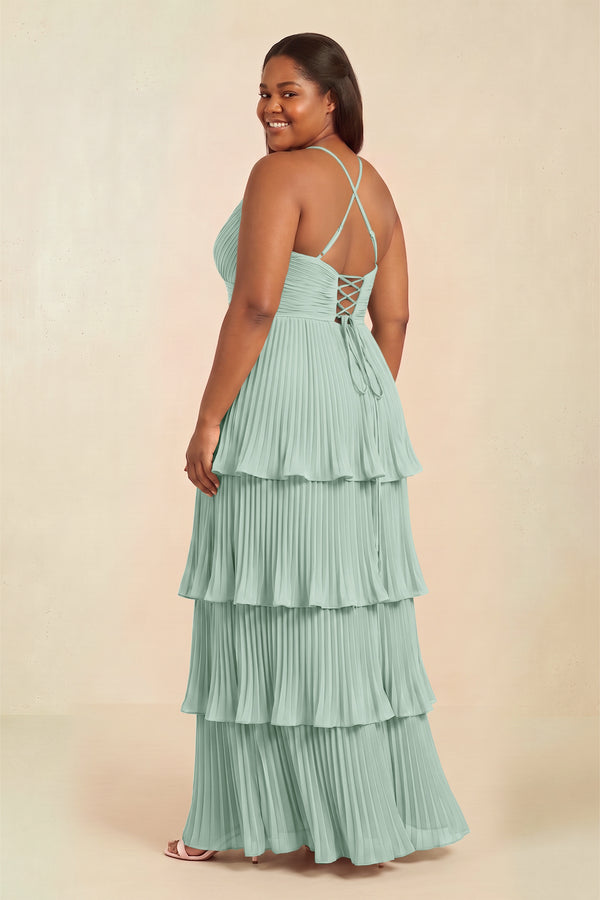 Sage Tiered Pleated V-Neck A-Line Chiffon Bridesmaid Dress (2) [sizeplus] | KISSBRIDAL