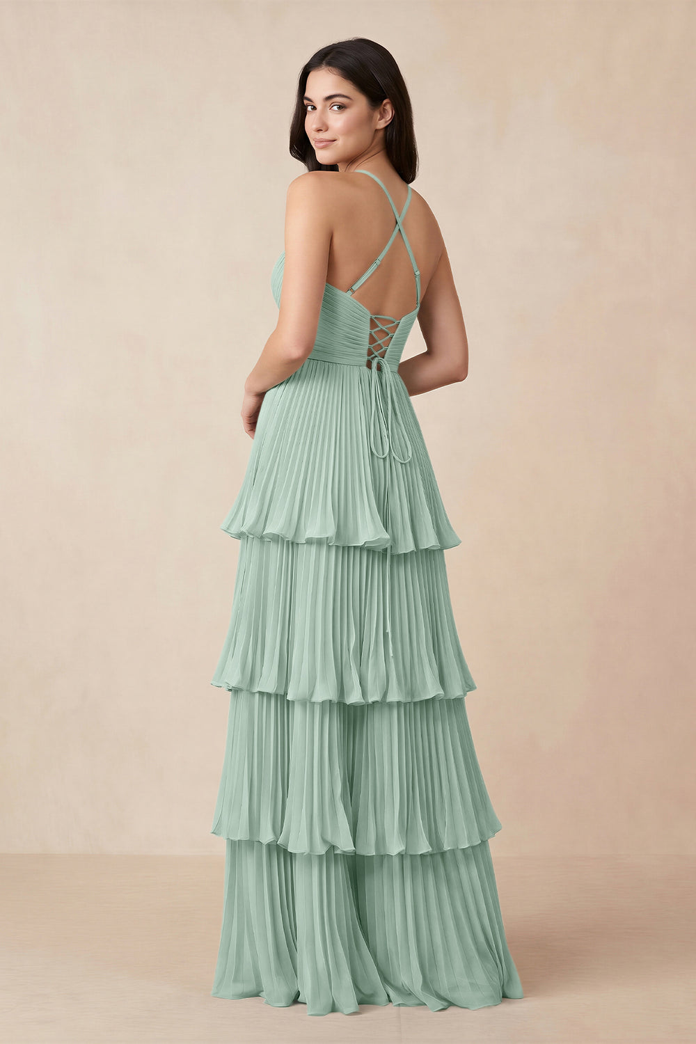 Tiered Pleated V-Neck A-Line Chiffon Bridesmaid Dress in Sage