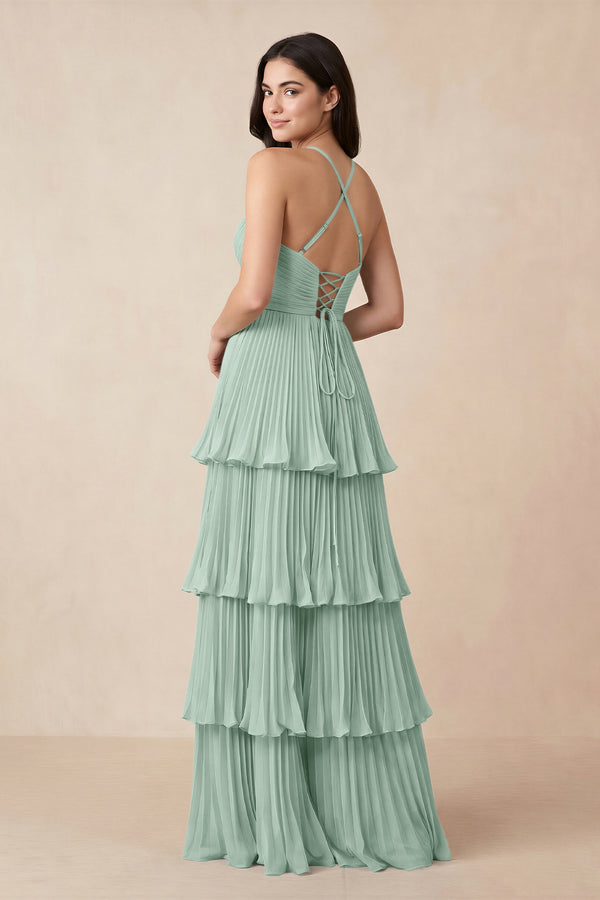 Sage Tiered Pleated V-Neck A-Line Chiffon Bridesmaid Dress (2) | KISSBRIDAL