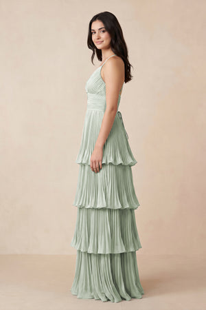 Sage Tiered Pleated V-Neck A-Line Chiffon Bridesmaid Dress (3) | KISSBRIDAL
