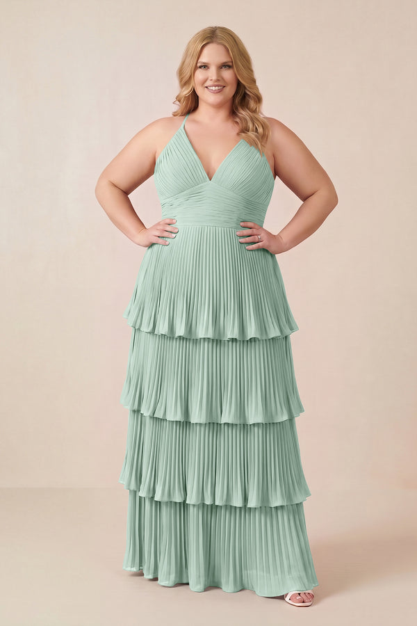 Sage Tiered Pleated V-Neck A-Line Chiffon Bridesmaid Dress (3) [sizeplus] | KISSBRIDAL