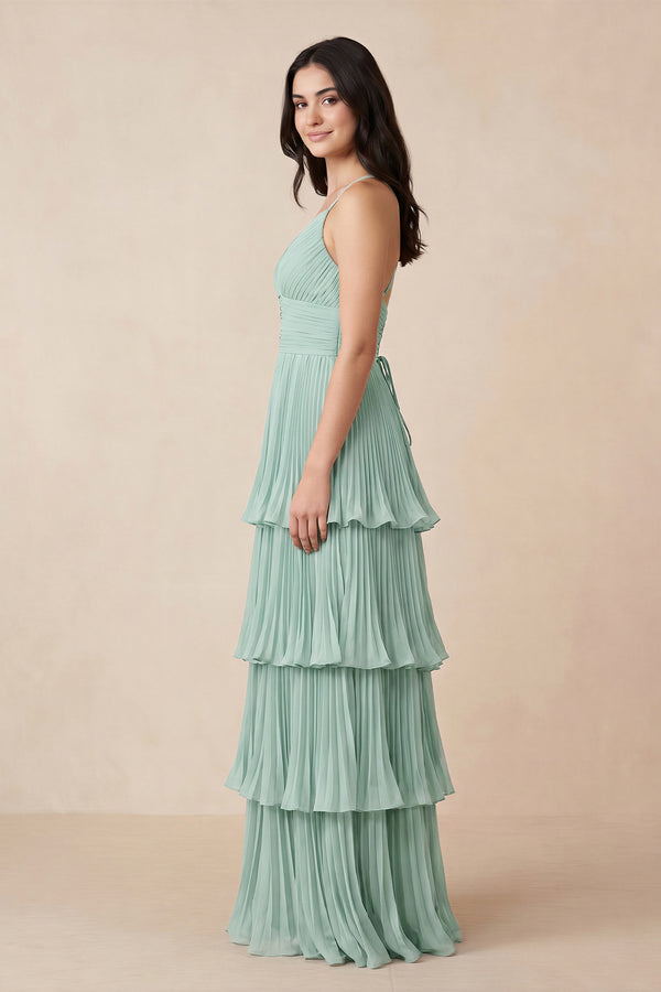 Sage Tiered Pleated V-Neck A-Line Chiffon Bridesmaid Dress (3) | KISSBRIDAL